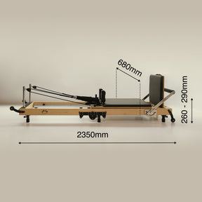 FOLD reformer black bed laid outright with dimensions showing height, width and length